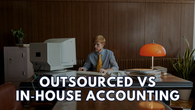 Man working alone at a dated office desk with an old desktop computer representing traditional in-house accounting compared to modern outsourced bookkeeping services.