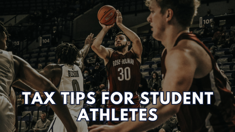 College basketball player taking a shot during a game — representing student-athletes navigating NIL income, tax planning, and financial responsibility.