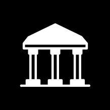 White temple icon on black background.