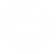 White medical cross in black circle.