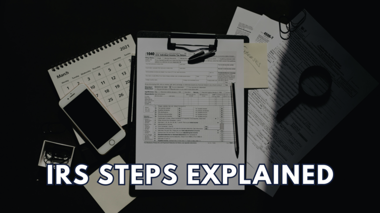 IRS tax forms on a clipboard with calendar, phone, and documents — representing steps to take after receiving an IRS notice or letter.
