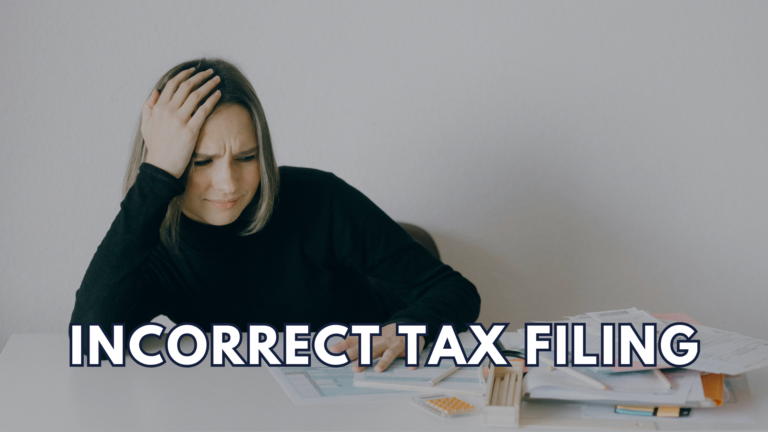 Frustrated woman reviewing paperwork and calculator — representing incorrect tax filing caused by poor accounting and bookkeeping errors at tax time.