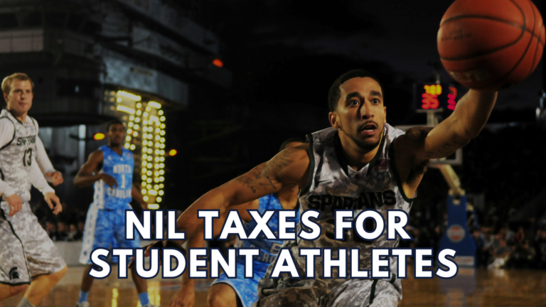 College basketball player in action during a game — representing NIL income and tax responsibilities for student athletes and guidance for parents.
