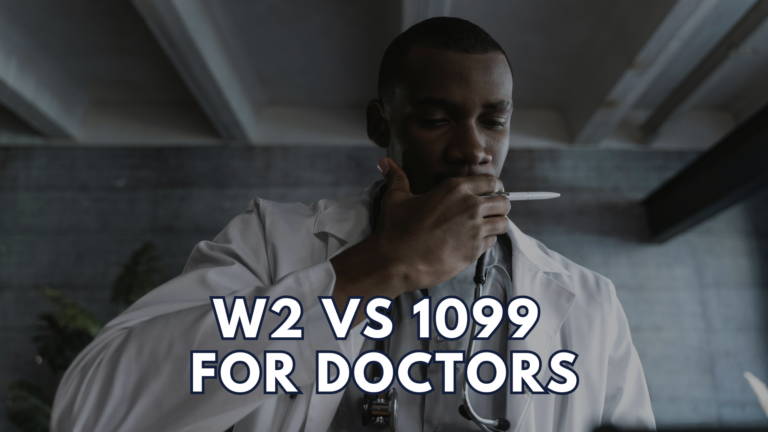 Doctor in a lab coat thinking while holding a pen — representing the decision between W2 employment and 1099 contractor status for physicians.